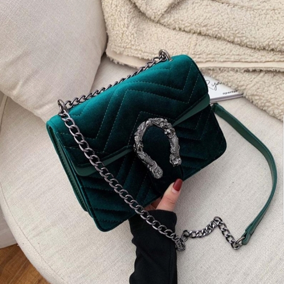 Sale!New Large Luxurious Velvet Shoulder Bag Green - Picture 4 of 8